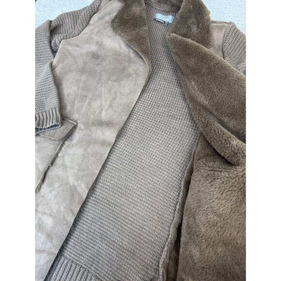 Anthropologie Womens M Taupe Faux Suede & Knit Long Coat W/Faux Shearling Collar - Picture 10 of 13
